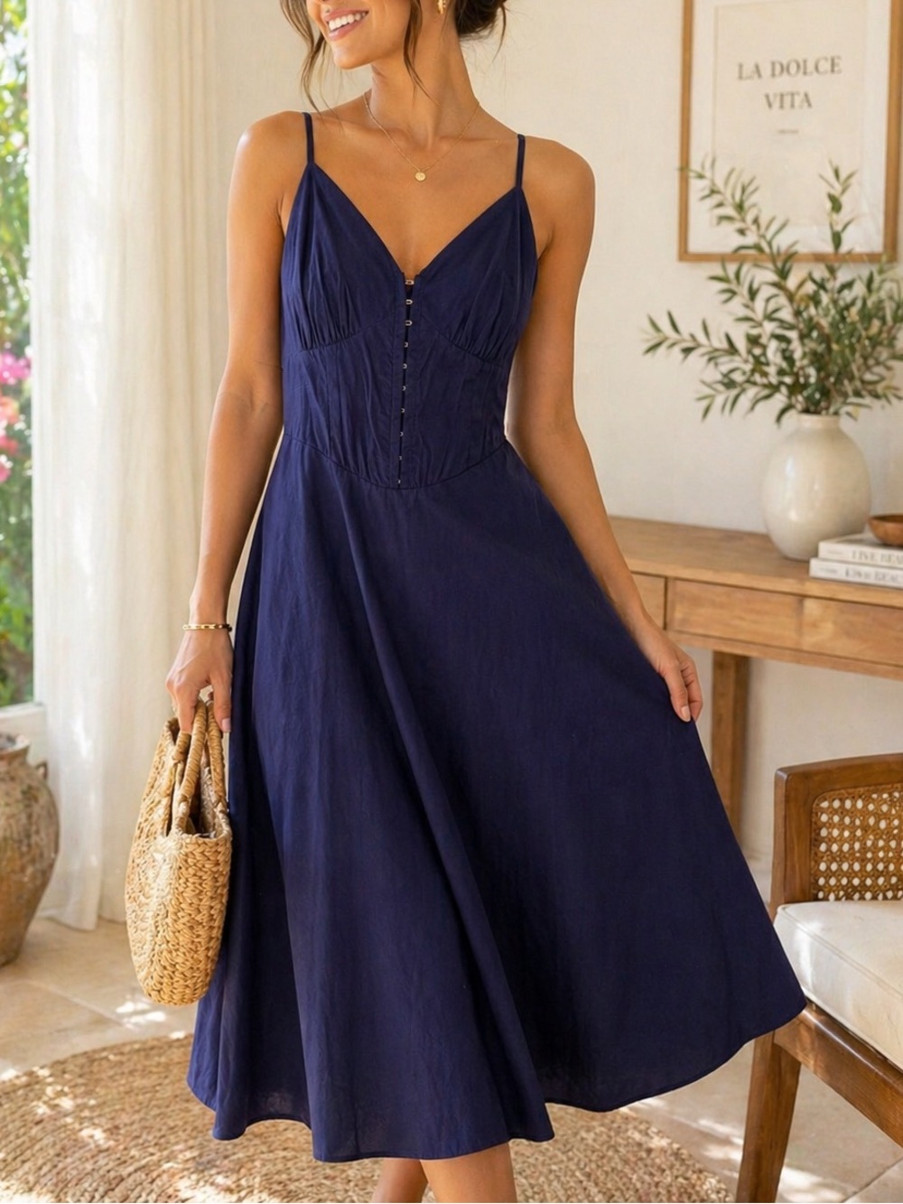 Sincerely Jules Navy Spaghetti-Strap Midi Dress